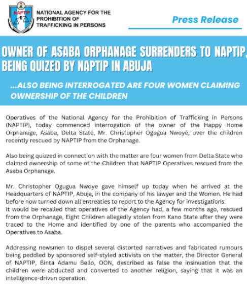 Owner Of Controversial Asaba Orphanage Surrenders To NAPTIP In Abuja, Faces Interrogation Over Alleged Stolen Children